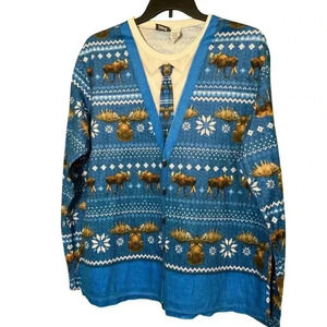 Men's Briefly Stated Moose Ugly Christmas Pajama Top XL Blue